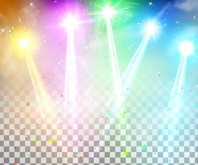 Realistic vector bright projectors for scene lighting isolated. Colorful stage lights background. Background show carnival. Special light effects. Vector