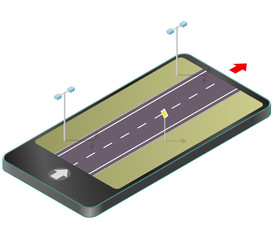 Isometric road in mobile phone. Roadway transportation in communication technologies, paraphrase. Highway with street lamps, traffic sign, isolated on white background. Vector transportation building.