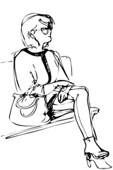 sketch of a young woman in glasses sits on a bench
