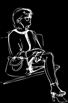  sketch of a young woman in glasses sits on a bench.