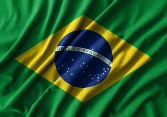 Foto op Plexiglas Brazilië Vlag van Brazilië schilderen op hoog detail van golfkatoenen stoffen.