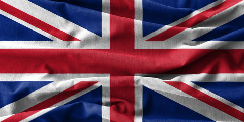 United Kingdom flag painting on high detail of wave cotton fabrics .