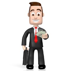 3D businessman holidng money (US dollars) - great for topics like business, finance, banking etc.