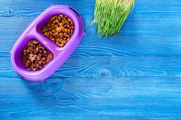 Obraz na płótnie Canvas Animal feed in bowl and grass on blue table background top view copyspace