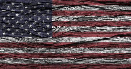 American flag with high detail of old wooden background .