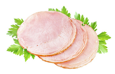 Slices of smoked ham isolated on white