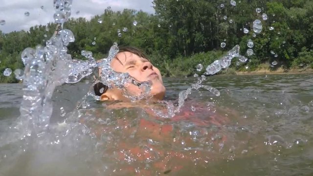 Little girl learns to swim. The child is drowning in the water.