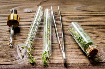 Homeopathy. Store up medicinal herbs. Herbs in glass on wooden table background