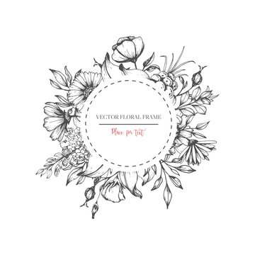 Hand Drawn Flower Round Frame. Vector Floral Wedding Design In Sketch Style