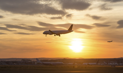 Fototapeta na wymiar airplane landing on an airport in the evening