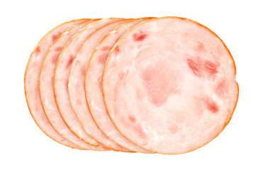 Slices of smoked ham or sausage isolated on white, top view