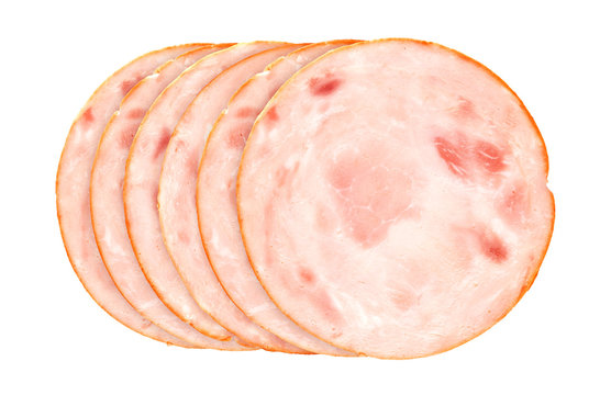 Slices of smoked ham or sausage isolated on white, top view