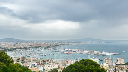 Panoramic aerial overhead view of Palma de Mallorca cloudy day, Spain. Bay harbor with many sailboats