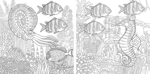 Coloring page collection of nautilus, sea horse and fish. Freehand sketch for adult antistress colouring book in zentangle style.