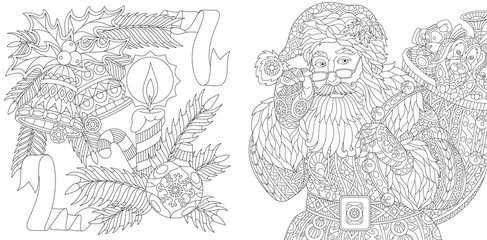 Fototapeta na wymiar Coloring page collection of Santa Claus and Christmas decorations. Freehand sketch for adult antistress colouring book in zentangle style.