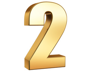 Golden numbers two on a white background. 3d render.
