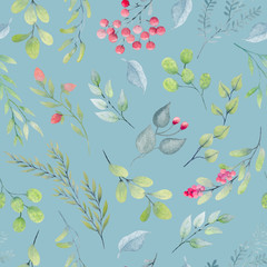 Watercolor floral pattern on blue background