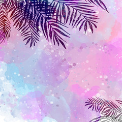 trendy Pink blue tropical background, leaves, coconut palm. Vector illustration, elements for design.