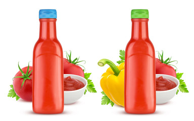 Tomato ketchup bottle isolated on white background, 2 of 4 elements