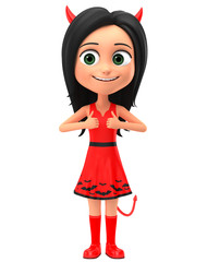 Devil girl shows two thumbs up on a white background. 3d render illustration. Halloween illustration.