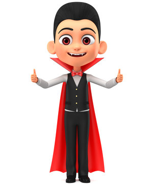 Vampire shows two thumbs up. Halloween icon isolated no background. 3D rendering illustration.
