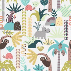 Seamless pattern with cute jungle animals