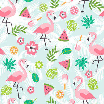 Summer seamless background with flamingo