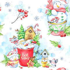 Watercolor seamless pattern with a cup of cream, gingerbread and fairy-tale snowmens.