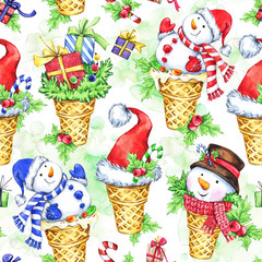 Watercolor seamless pattern with cartoon snowman, Santa hat and gifts. New Year. Celebration illustration. Merry Christmas. Can be use in winter holidays design.