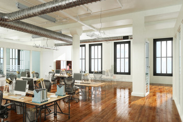 Großraumbüro mit Hozboden und moderner Computer-Arbeitsplatz-Einrichtung (Entwurf) - 3D Visualisierung