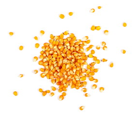 yellow grain corn isolated on white background, for popcorn, top view