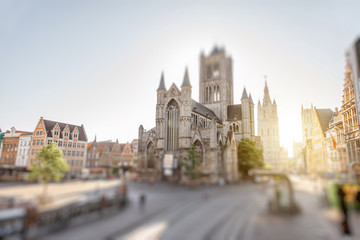 Fototapeta na wymiar CItyscape view on the saint Nicholas church during the morning in Gent old town, Belgium. Tilt-shift image technic