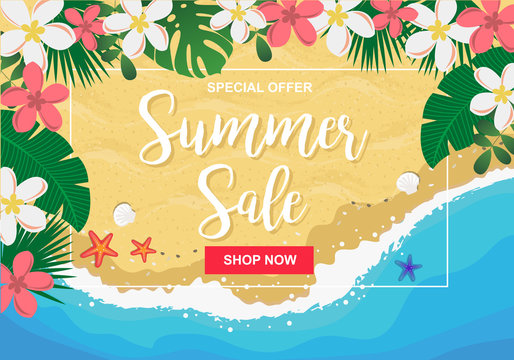 Summer sale hand drawn vector illustration with beach from above view, tropical flowers, sea stars and shells