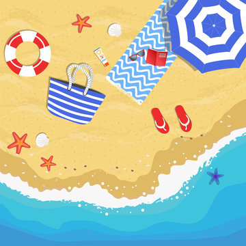 Summer hand drawn vector illustration with beach from above view, sun umbrella, beach bag, towel, flip flops, sea buoy, sun glasses, sea stars and shells