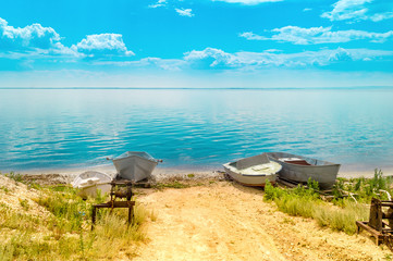 summer holiday vacation three Boat ships on shore