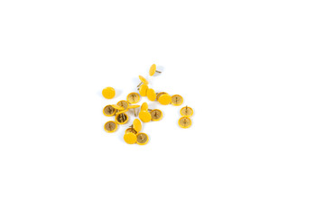 a yellow bunch of thumbtacks