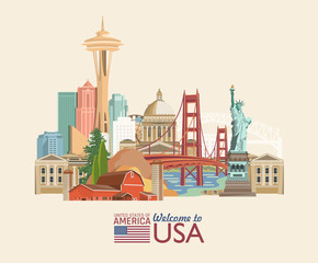 Obraz premium Welcome to USA. United States of America poster. Vector illustration about travel