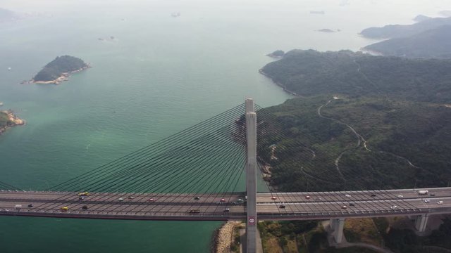 Hong Kong Aerial v163 Flying low besides Kap Shui Mun Bridge panning
