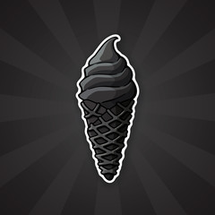 Sticker black ice cream in the black waffle cone. Vector illustration.  Sticker in cartoon style with contour. Decoration for greeting cards, patches, prints for clothes, badges, menus
