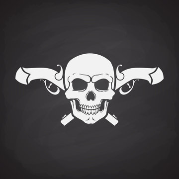 Silhouette of skull Jolly Roger with crossed pistols at the behind on blackboard background. Vector illustration. Danger and warning sign. Symbol on the flag of pirates