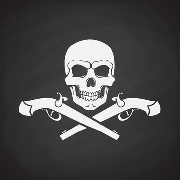 Silhouette of skull Jolly Roger with crossed pistols at the bottom on blackboard background. Vector illustration. Danger and warning sign. Symbol on the flag of pirates