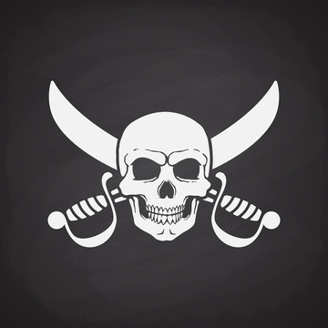 Silhouette of skull Jolly Roger with crossed sabers at the behind on blackboard background. Vector illustration. Danger and warning sign. Symbol on the flag of pirates