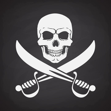 Silhouette of skull Jolly Roger with crossed sabers at the bottom on blackboard background. Vector illustration. Danger and warning sign. Symbol on the flag of pirates