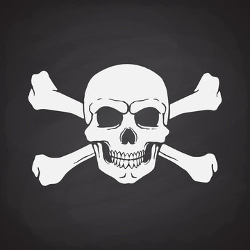Silhouette of skull Jolly Roger with crossbones behind on blackboard background. Vector illustration. Danger and warning sign. Symbol on the flag of pirates