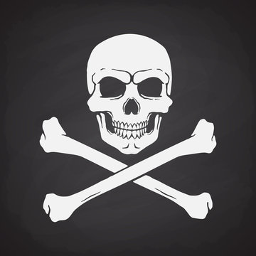 Silhouette of skull Jolly Roger with crossbones at the bottom on blackboard background. Vector illustration. Danger and warning sign. Symbol on the flag of pirates