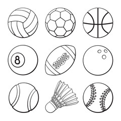Vector illustration. Hand drawn doodles of football, soccer, basketball, volleyball, baseball, tennis, badminton, bowling and billiards balls. Set of sports balls. Cartoon sketch