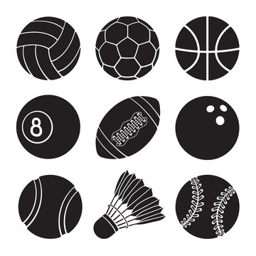 Vector illustration. Silhouettes of football, soccer, basketball, volleyball, baseball, tennis, badminton, bowling and billiards balls. Set of sports balls icons. Templates of sports equipment
