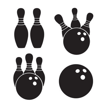 Vector illustration. Set of icons silhouettes of bowling balls and bawling pins. Templates of sports equipment. Design elements