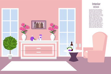 The interior of the living room. Elegant room in pink color. Vector illustration. Cartoon.