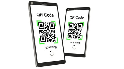 
QR Code scanning with modern touchscreen smartphone - isolated on white